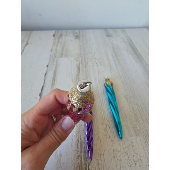 Vintage Germany Mercury icicle glitter gold ornament glass blue purple pink set - Picture 4 of 12